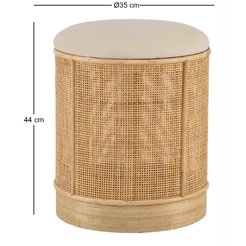 Pouf Japandi Velours Beige & Rotin – Sayo