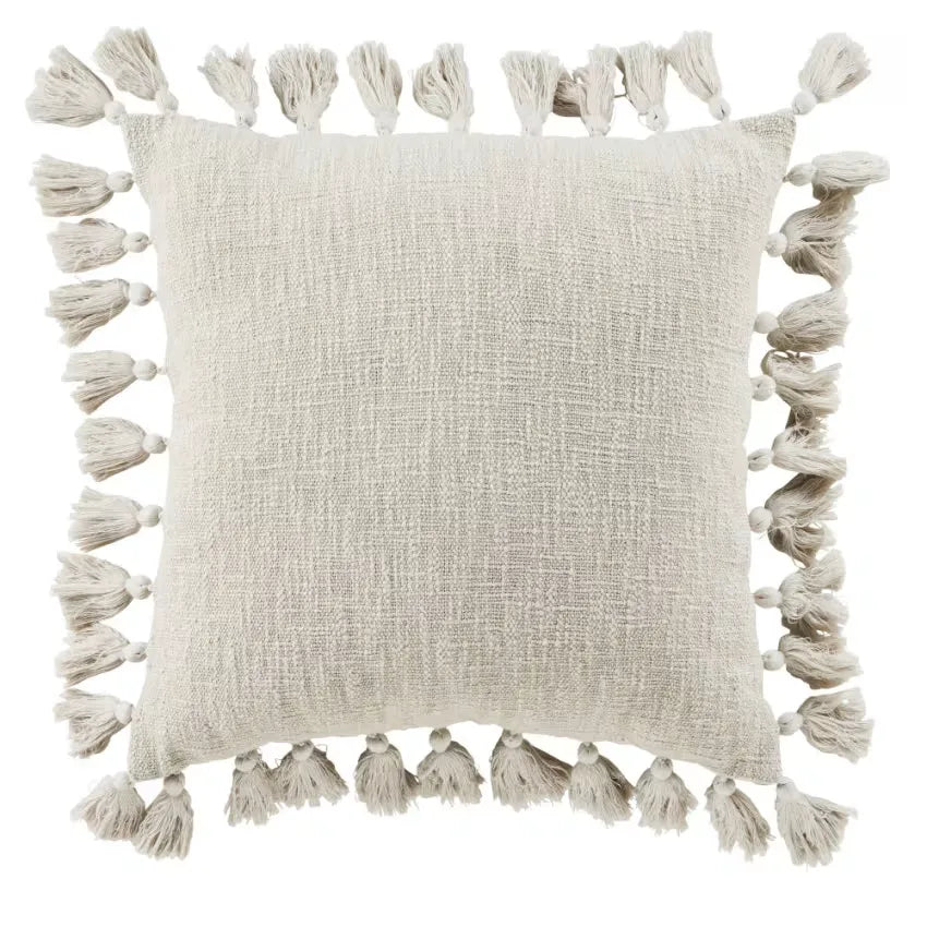 Coussin Japandi Coton Recyclé Tissé Beige Pompons 50×50 – Limana