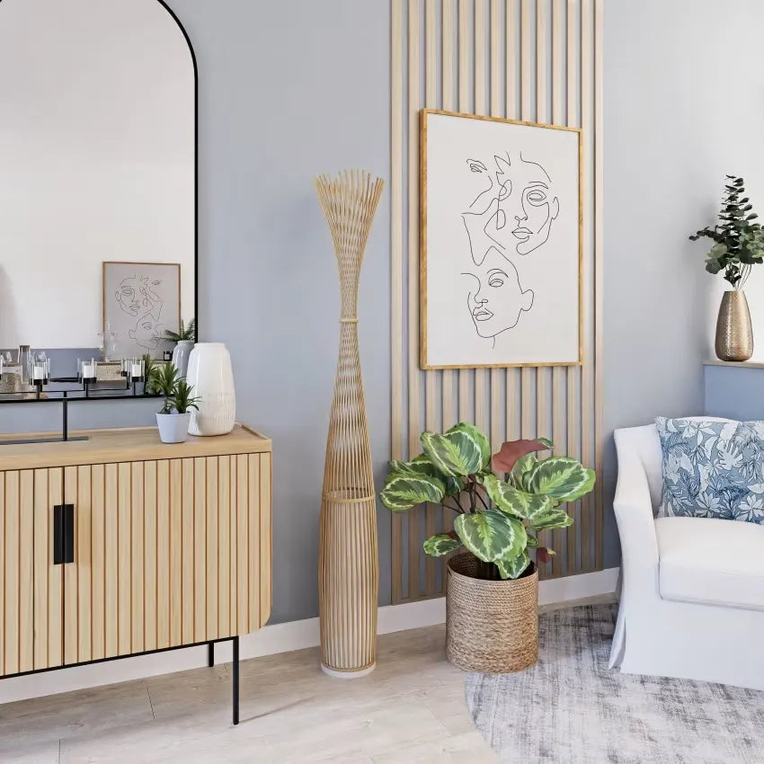 Lampadaire Japandi Bambou Tressé & Métal Beige – Kano