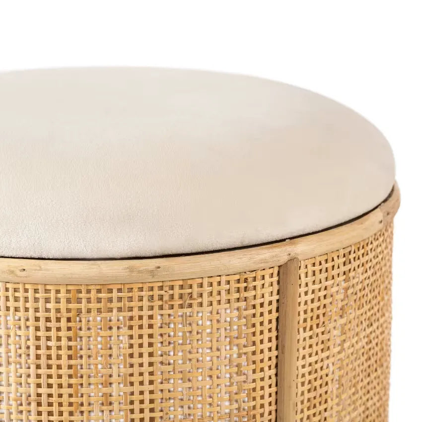 Pouf Japandi Velours Beige & Rotin – Sayo
