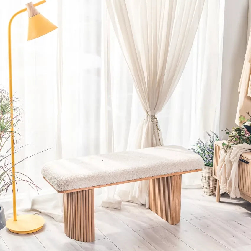 Banc Japandi Bois Massif & Bouclette Blanche – Nomi