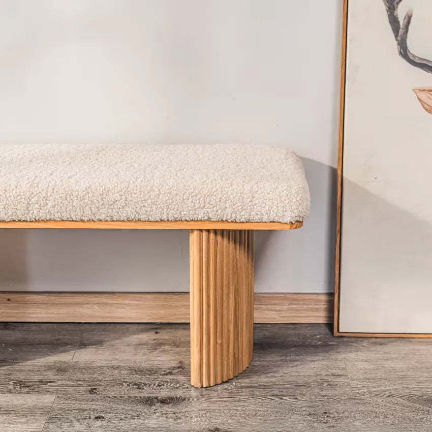 Banc Japandi Bois Massif & Bouclette Blanche – Nomi