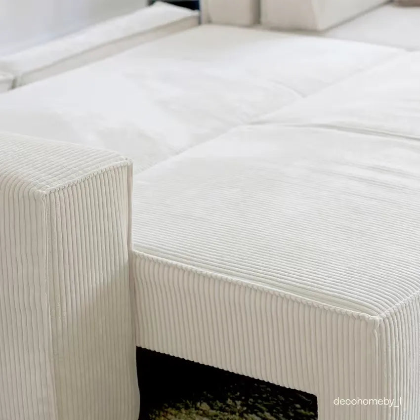 Canapé Japandi Angle Convertible Réversible 5 Places Velours Côtelé Beige – Harper
