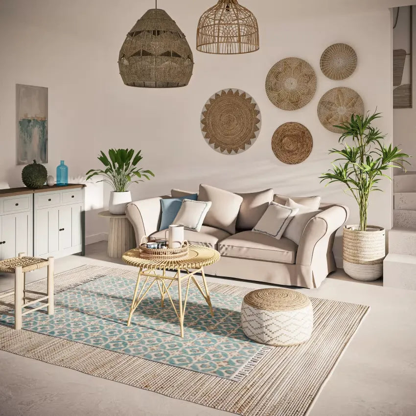 Pouf Japandi Tressé Imprimé Géométrique Beige & Marron – Maki