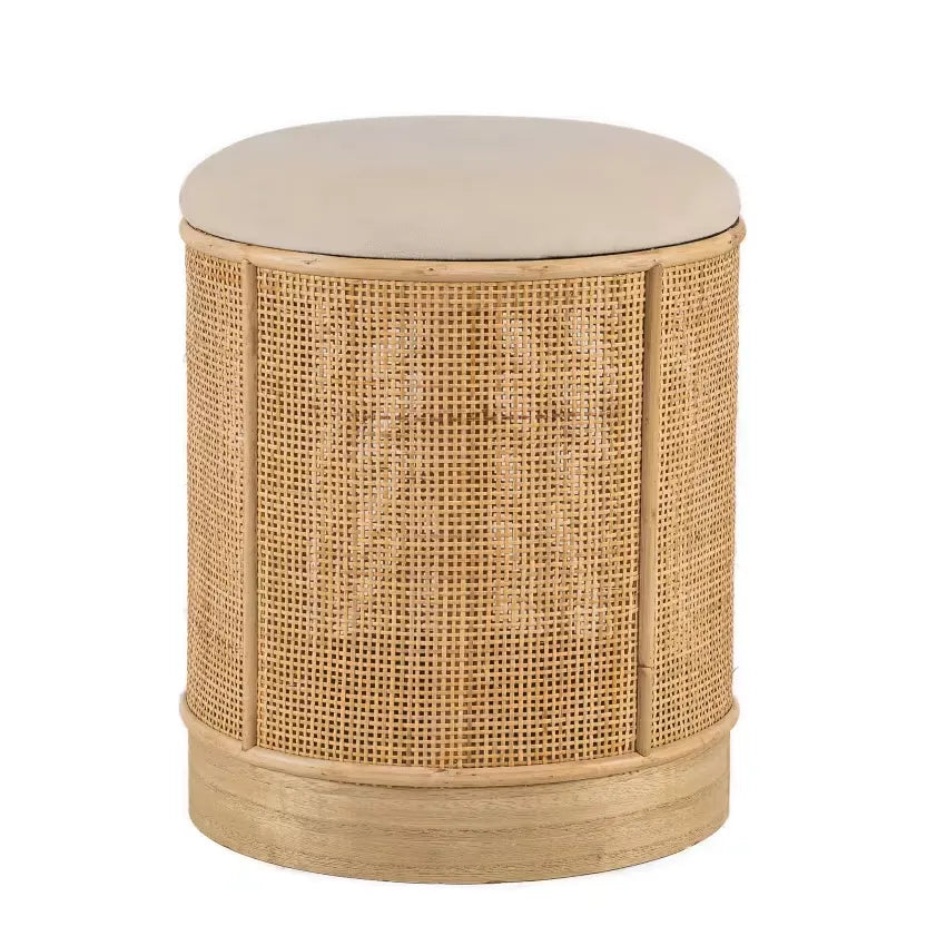 Pouf Japandi Velours Beige & Rotin – Sayo