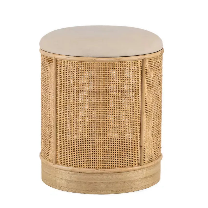 Pouf Japandi Velours Beige & Rotin – Sayo