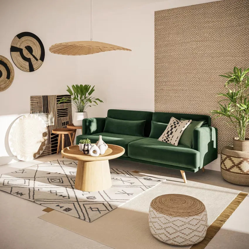 Pouf Japandi Tressé Imprimé Géométrique Beige & Marron – Maki