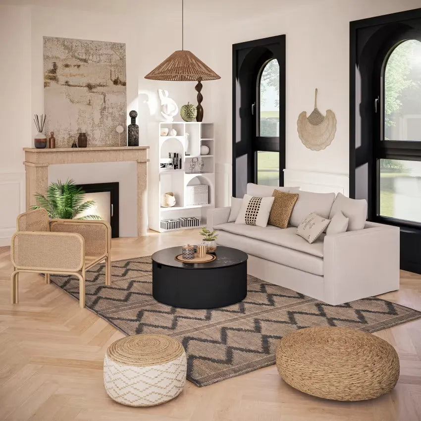 Pouf Japandi Tressé Imprimé Géométrique Beige & Marron – Maki
