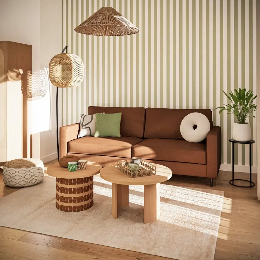Pouf Japandi Tressé Imprimé Géométrique Beige & Marron – Maki