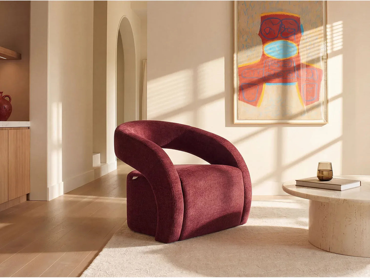 Fauteuil Japandi Chenille Bordeaux - Luciota