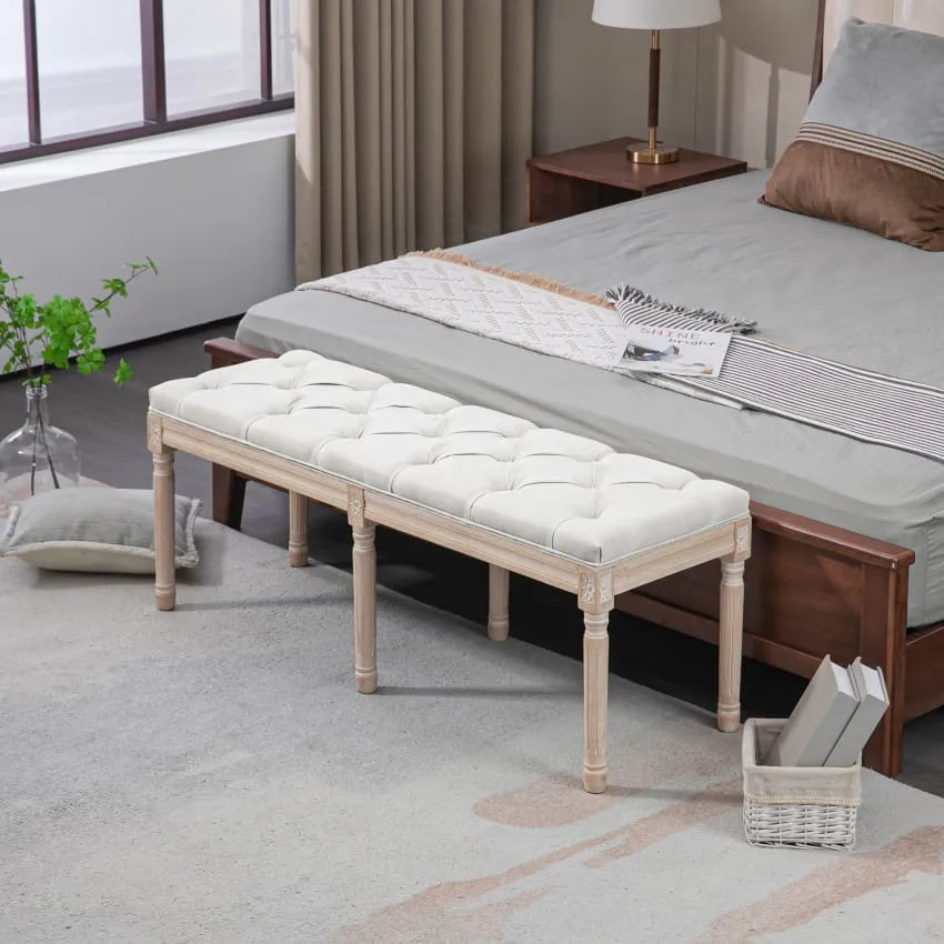 Tabouret Japandi Capitonné Bois Sculpté & Tissu Crème – Homcom