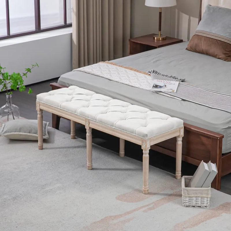 Tabouret Japandi Capitonné Bois Sculpté & Tissu Crème – Homcom