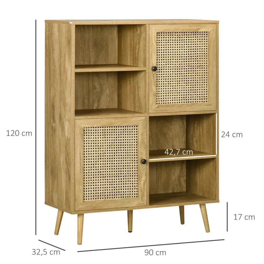 Bibliothèque Japandi 2 Portes 4 Niches Style Bohème – Homcom