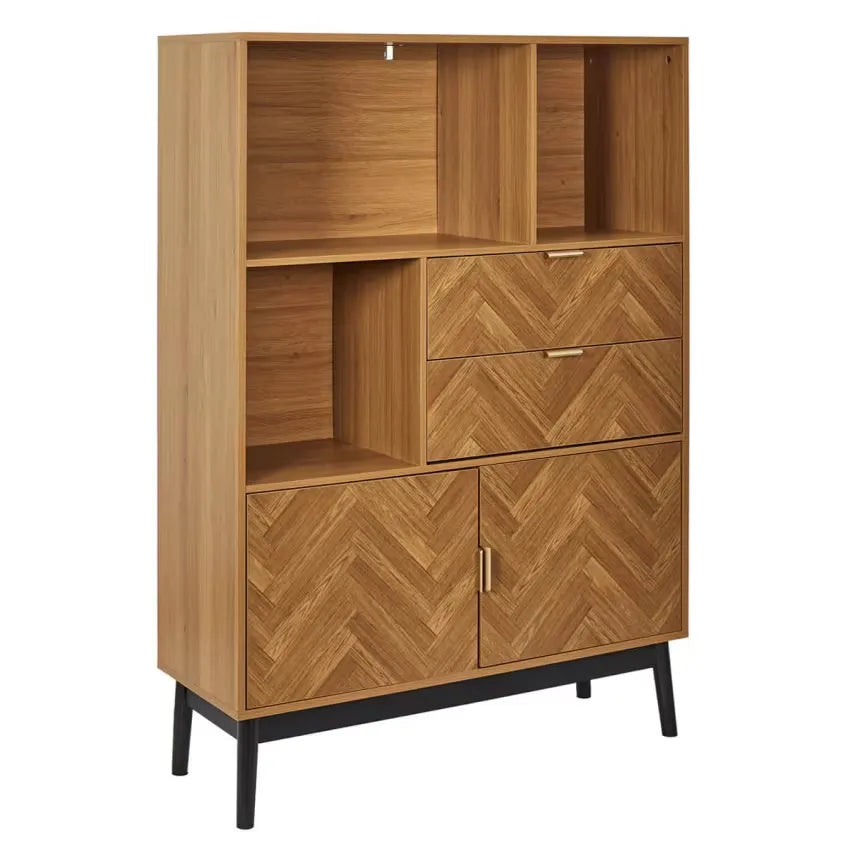 Bibliothèque Japandi Aspect Bois Décor Chevrons & Piétement Noir – Naro