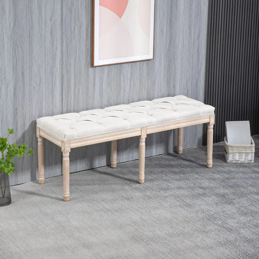 Tabouret Japandi Capitonné Bois Sculpté & Tissu Crème – Homcom