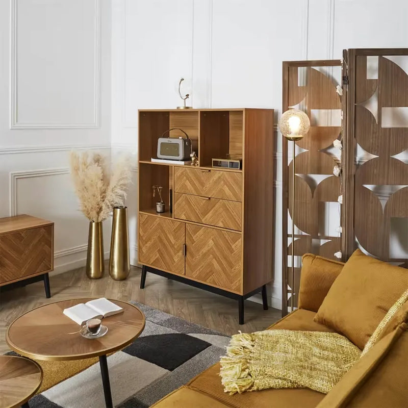 Bibliothèque Japandi Aspect Bois Décor Chevrons & Piétement Noir – Naro