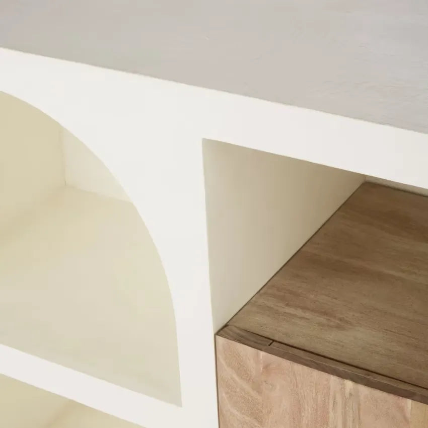 Bibliothèque Japandi Basse 2 Portes 1 Niche Blanc Crème – Sartene