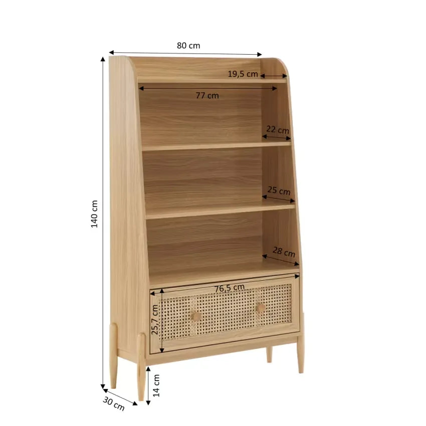 Bibliothèque Japandi Cannage Rotin & Effet Bois Chêne 3 Étagères – Pablo