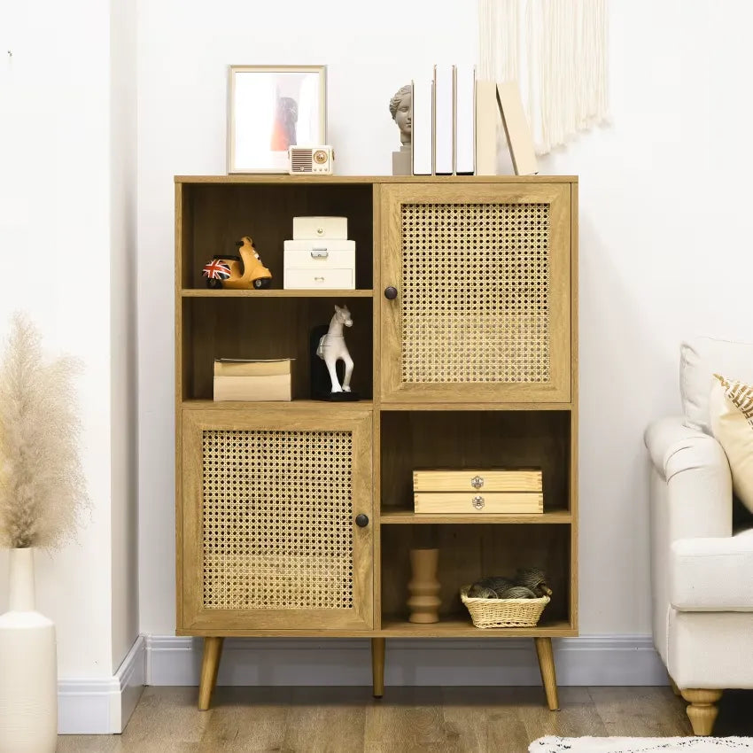 Bibliothèque Japandi 2 Portes 4 Niches Style Bohème – Homcom