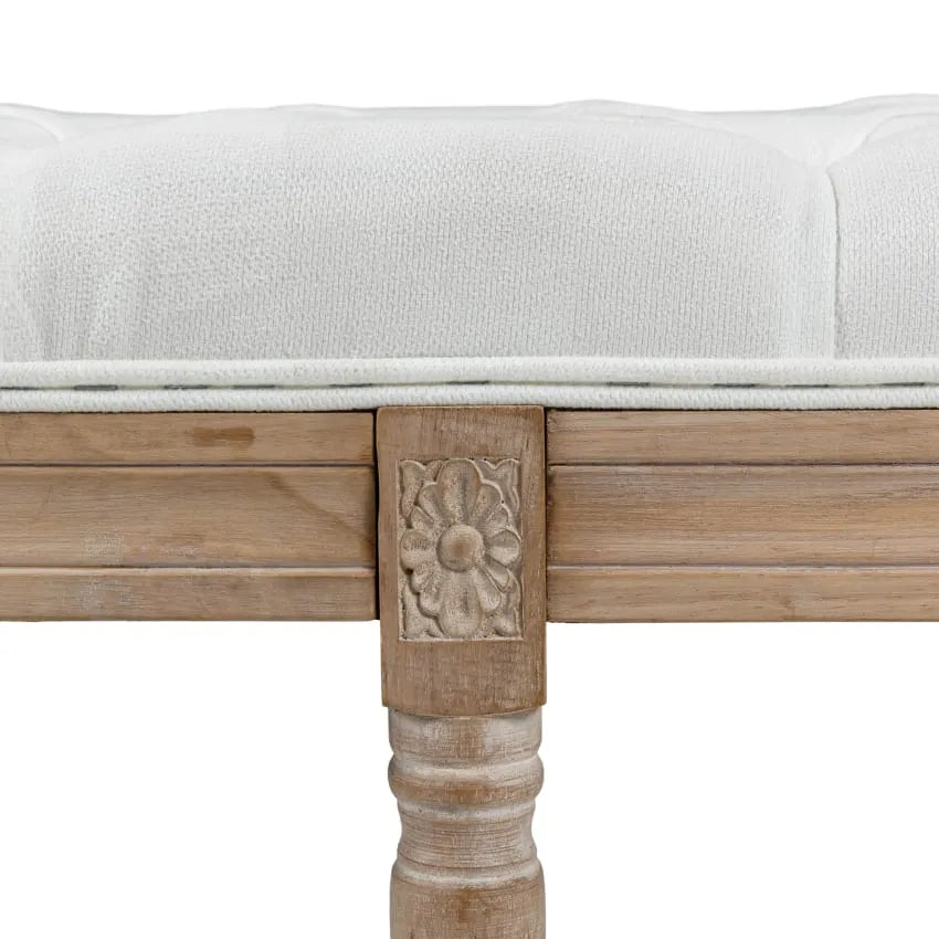 Tabouret Japandi Capitonné Bois Sculpté & Tissu Crème – Homcom