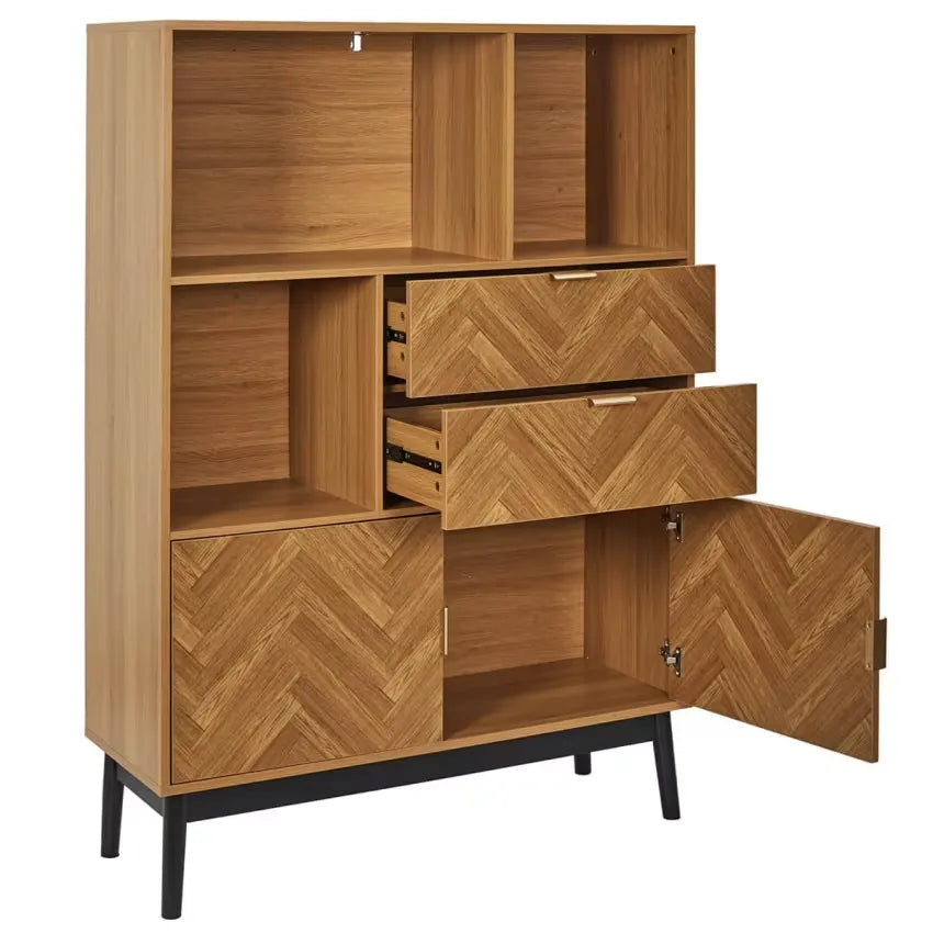 Bibliothèque Japandi Aspect Bois Décor Chevrons & Piétement Noir – Naro
