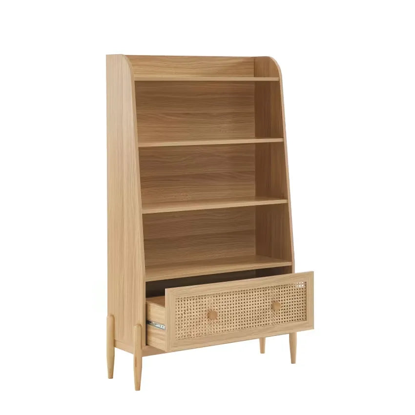 Bibliothèque Japandi Cannage Rotin & Effet Bois Chêne 3 Étagères – Pablo