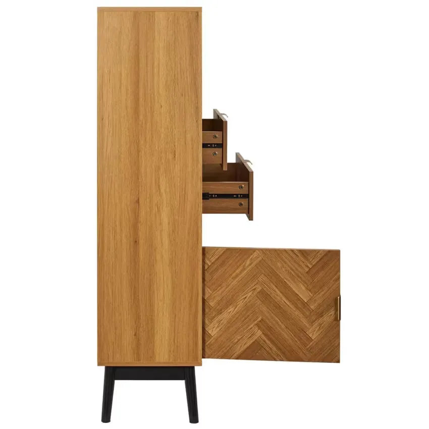 Bibliothèque Japandi Aspect Bois Décor Chevrons & Piétement Noir – Naro