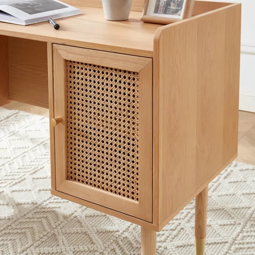 Bureau Japandi Chêne & Cannage Rotin 130 cm – Leon