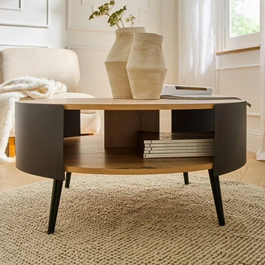 Table basse Japandi Ronde 2 Niveaux Métal Noir – Eklo