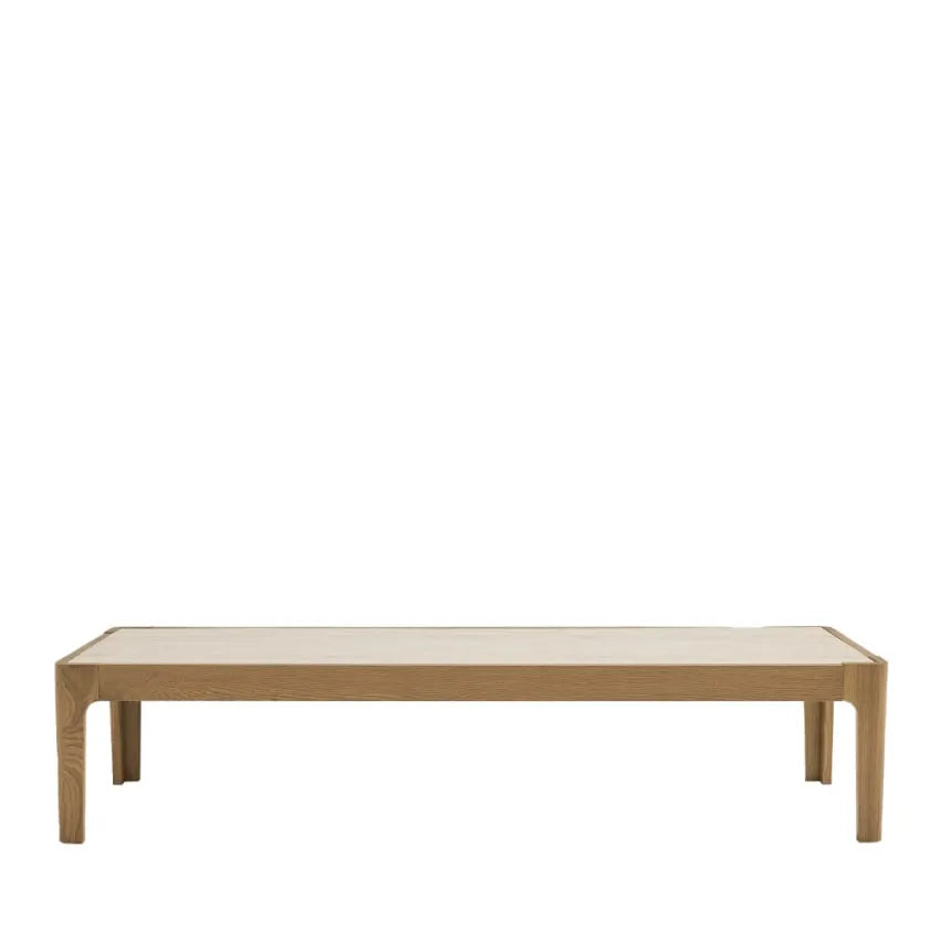 Table basse Japandi Effet Travertin & Bois 160×50 – Kielce