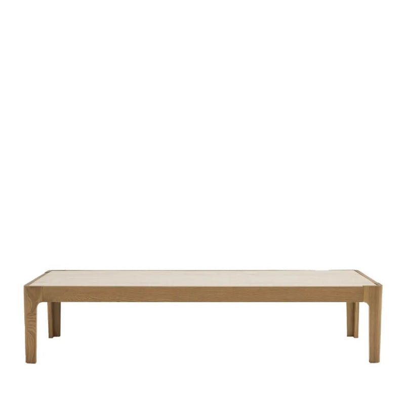 Table basse Japandi Effet Travertin & Bois 160×50 – Kielce