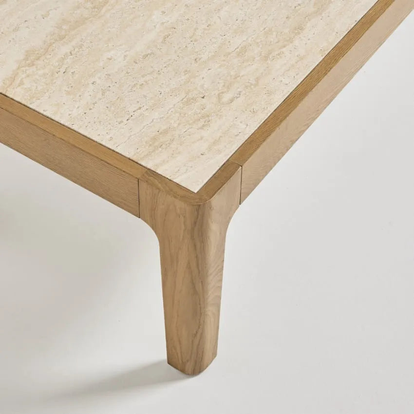 Table basse Japandi Effet Travertin & Bois 160×50 – Kielce