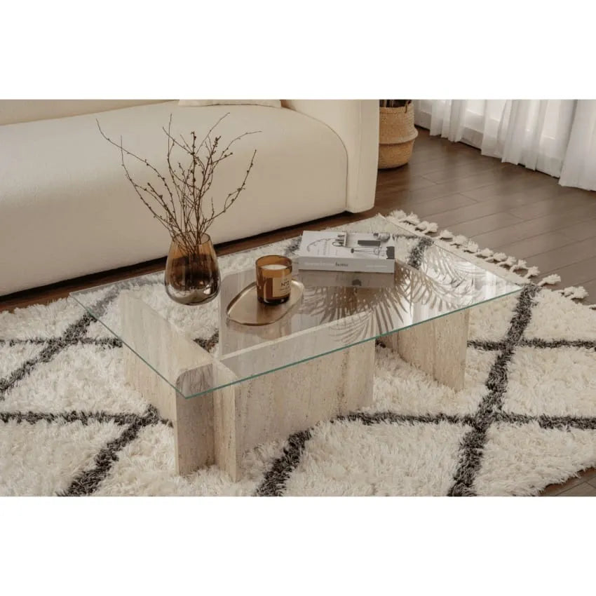 Table basse Japandi Verre Effet Travertin – Flavio