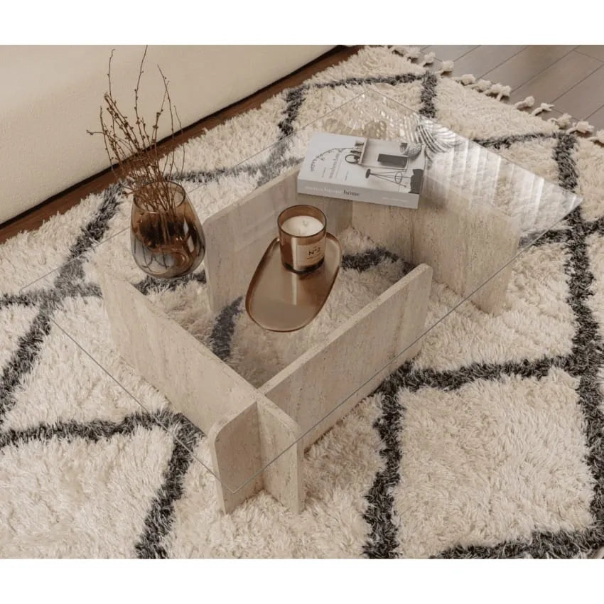 Table basse Japandi Verre Effet Travertin – Flavio