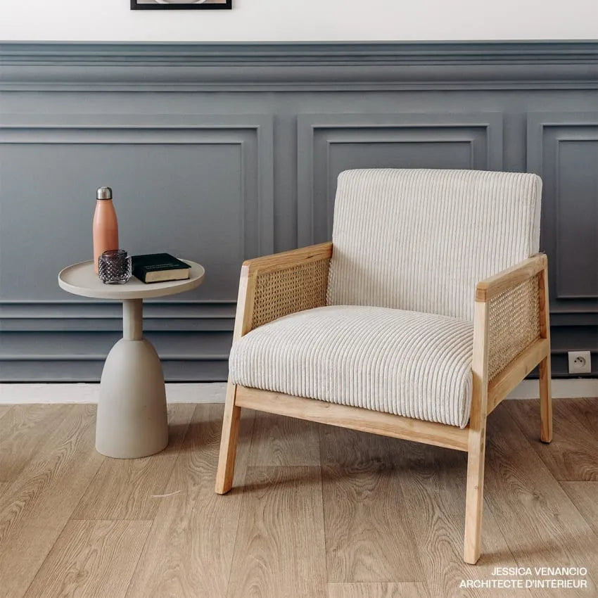 Fauteuil Japandi Cannage & Velours Beige – Mani