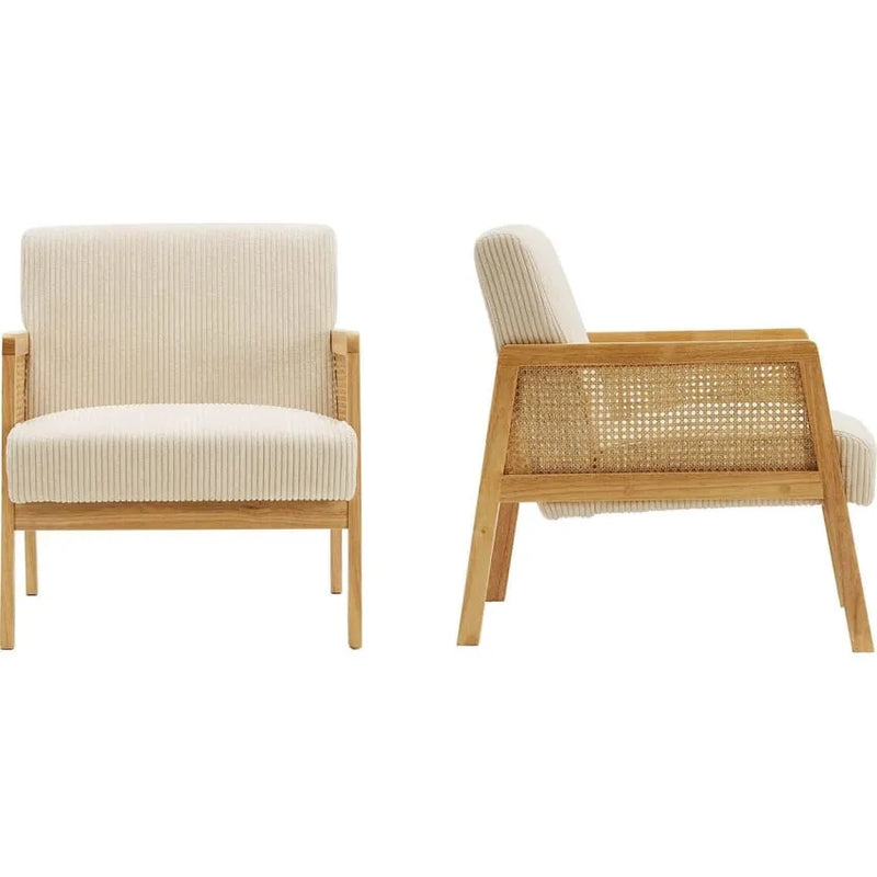 Fauteuil Japandi Cannage & Velours Beige – Mani