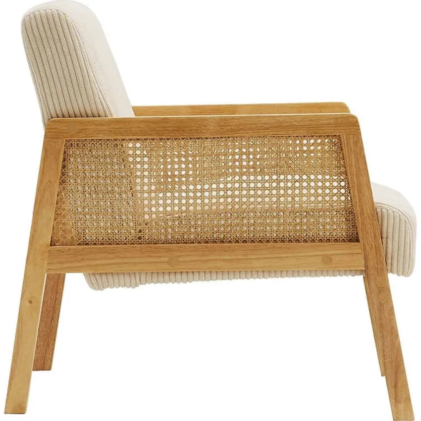 Fauteuil Japandi Cannage & Velours Beige – Mani