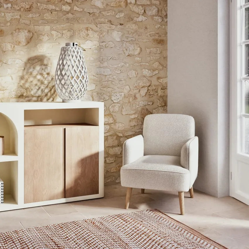 Fauteuil Japandi Bouclette Blanche & Hêtre – Honey