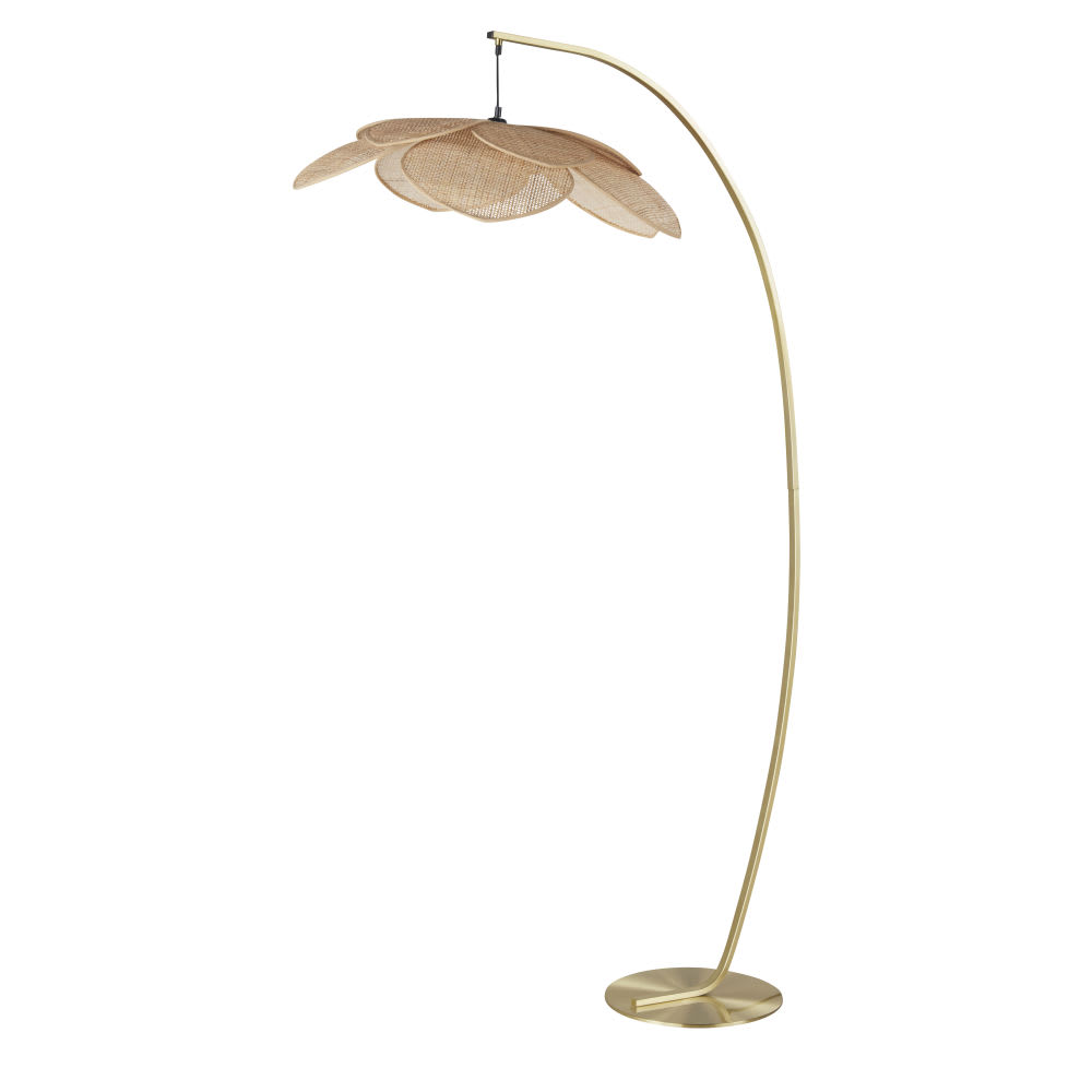 Lampadaire Japandi arqué en métal doré et abat-jour pétales en rotin – H182