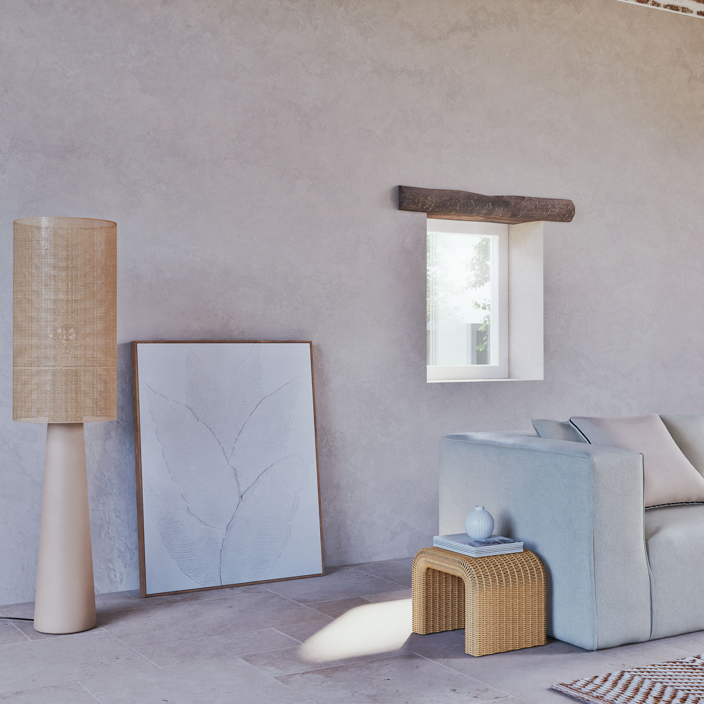 Lampadaire Japandi en papier et abat-jours polyester recyclé beige H141 – Kata