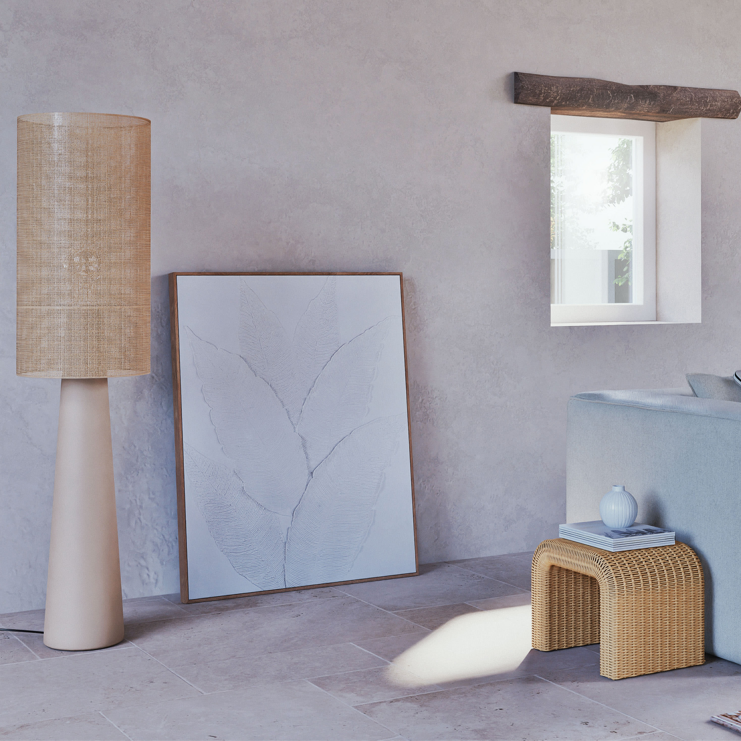 Lampadaire Japandi en papier et abat-jours polyester recyclé beige H141 – Kata