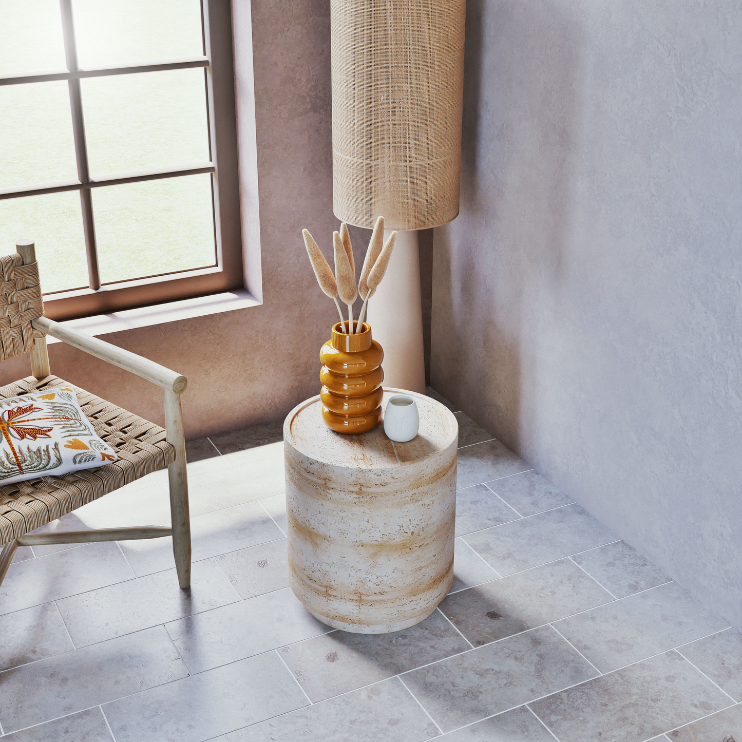 Lampadaire Japandi en papier et abat-jours polyester recyclé beige H141 – Kata