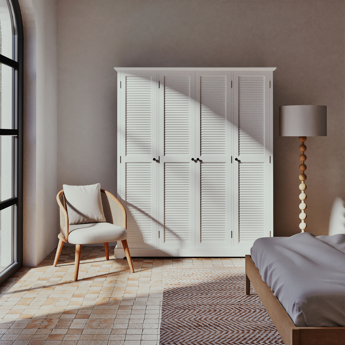 Lampadaire Japandi boules en bois d'hévéa et abat-jour blanc H160 – Loresa