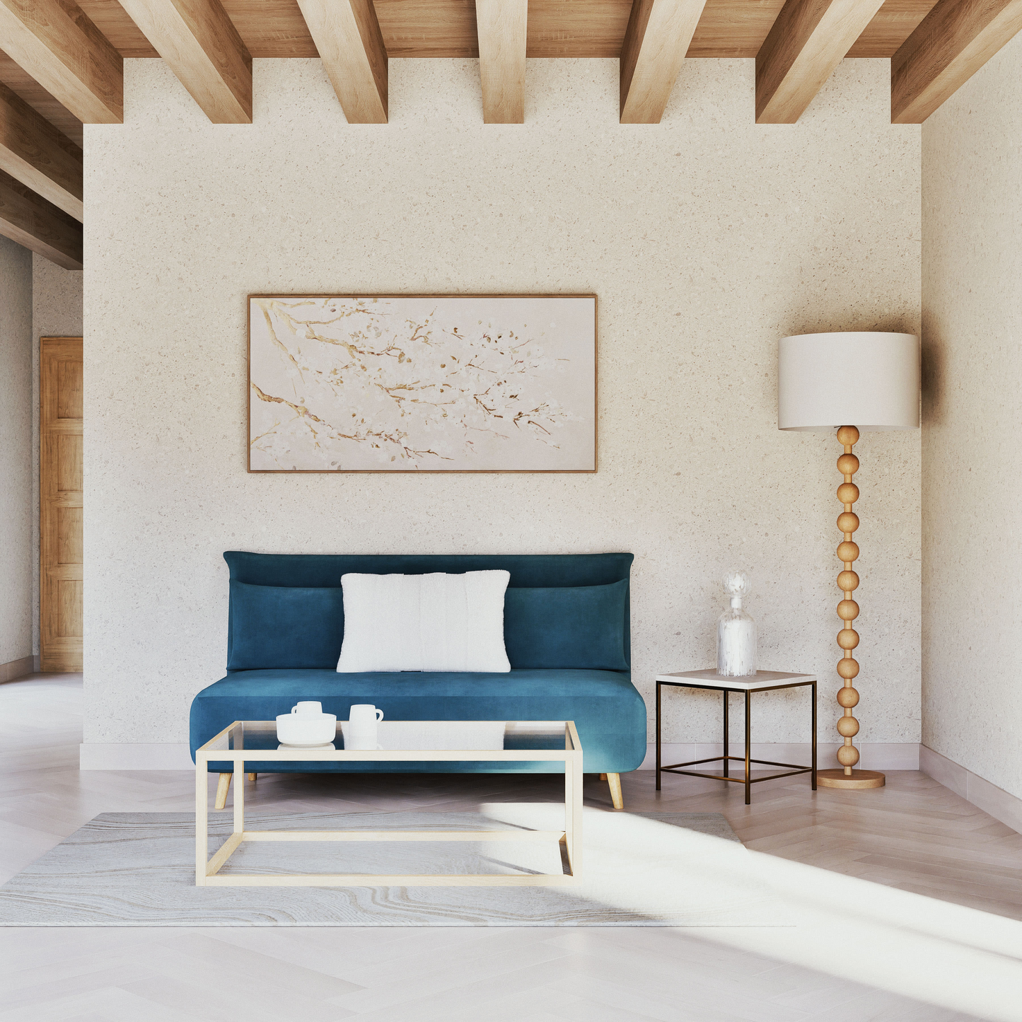 Lampadaire Japandi boules en bois d'hévéa et abat-jour blanc H160 – Loresa