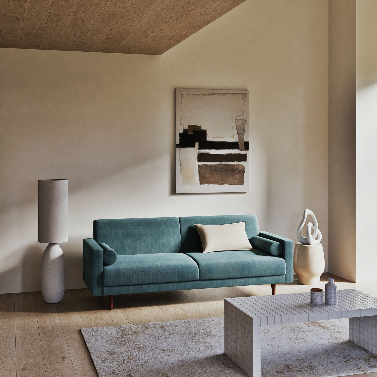 Lampadaire en céramique Japandi et abat-jour en polyester recyclé blanc H122 – Armande