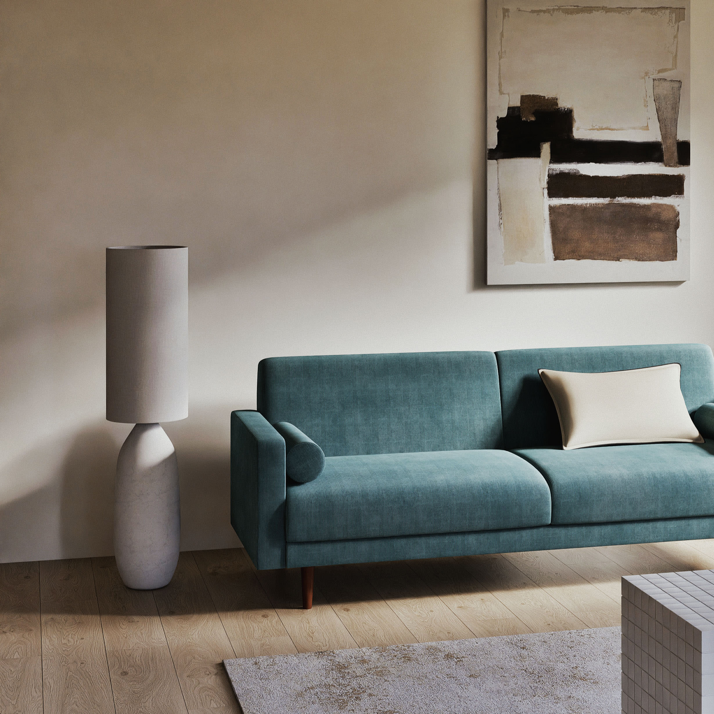 Lampadaire en céramique Japandi et abat-jour en polyester recyclé blanc H122 – Armande