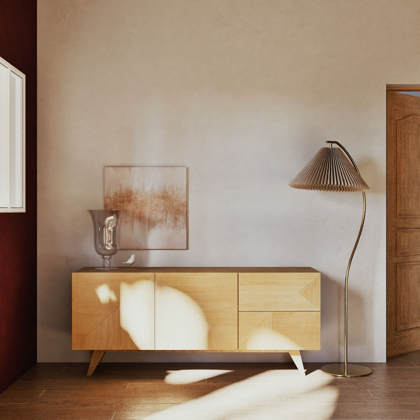 Lampadaire Japandi en métal et abat-jour plissé beige H159 - Berenice