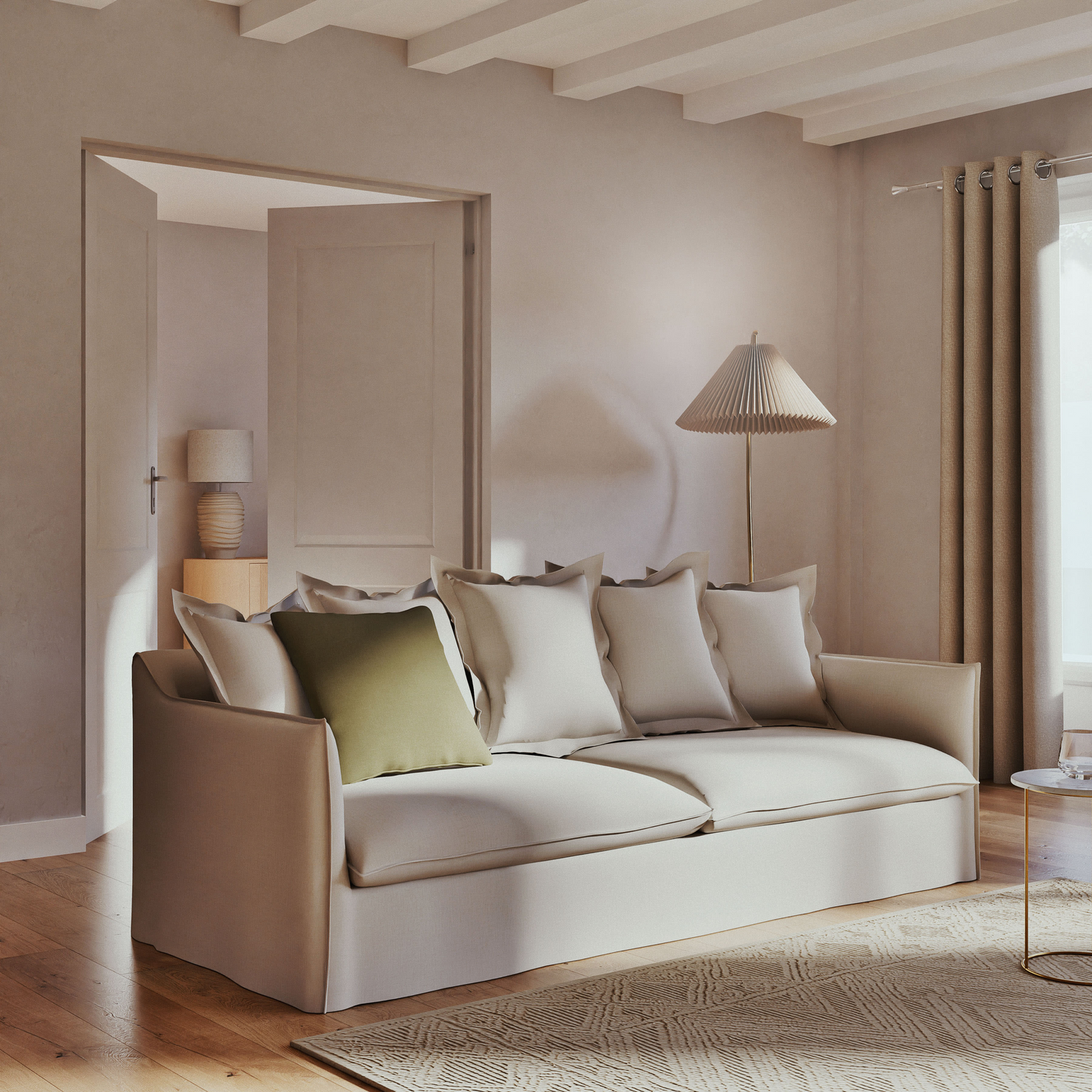 Lampadaire Japandi en métal et abat-jour plissé beige H159 - Berenice