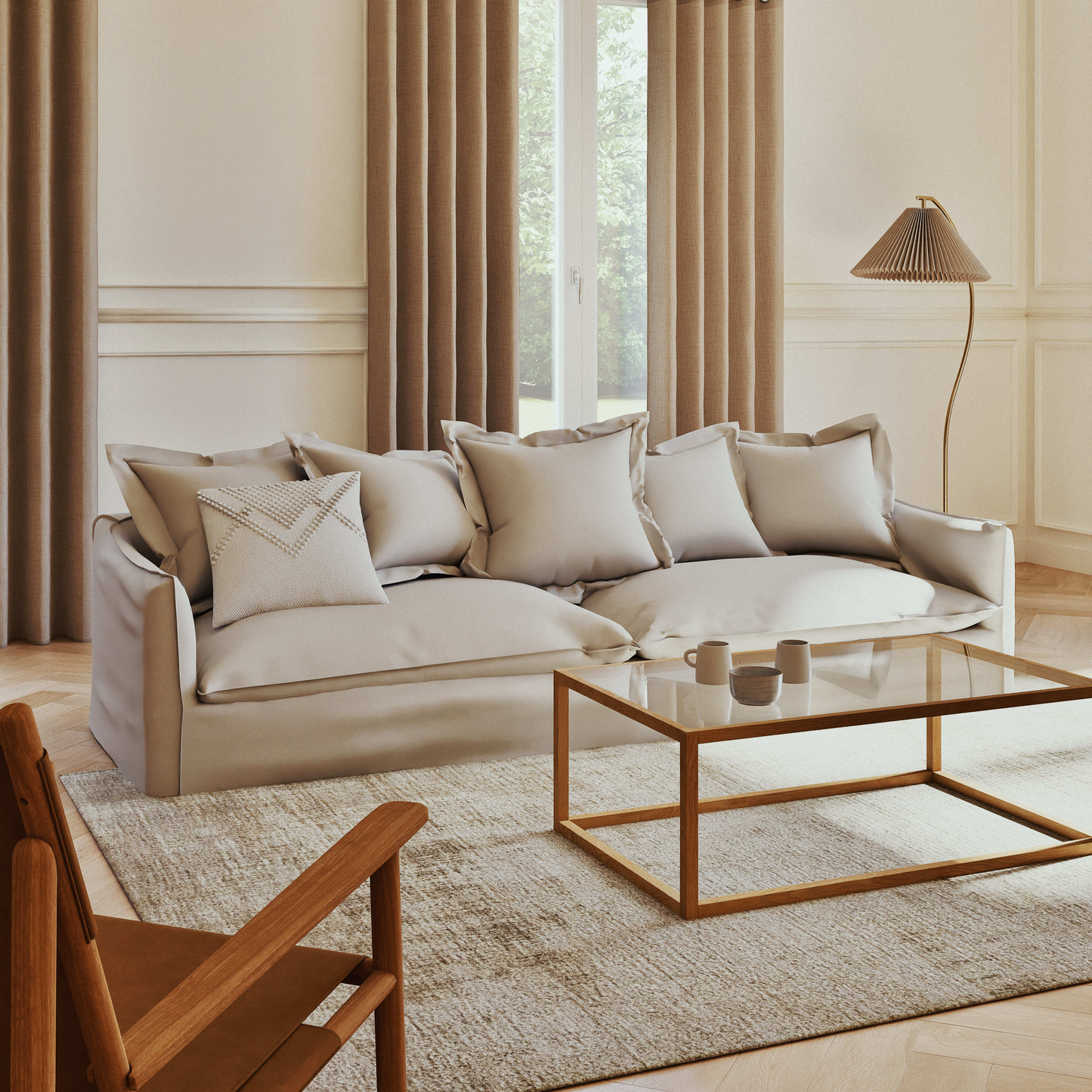 Lampadaire Japandi en métal et abat-jour plissé beige H159 - Berenice