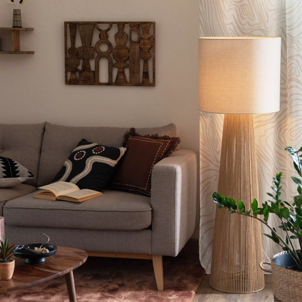 Lampadaire en papier Japandi avec abat-jours polyester recyclé beige H141 – Kata